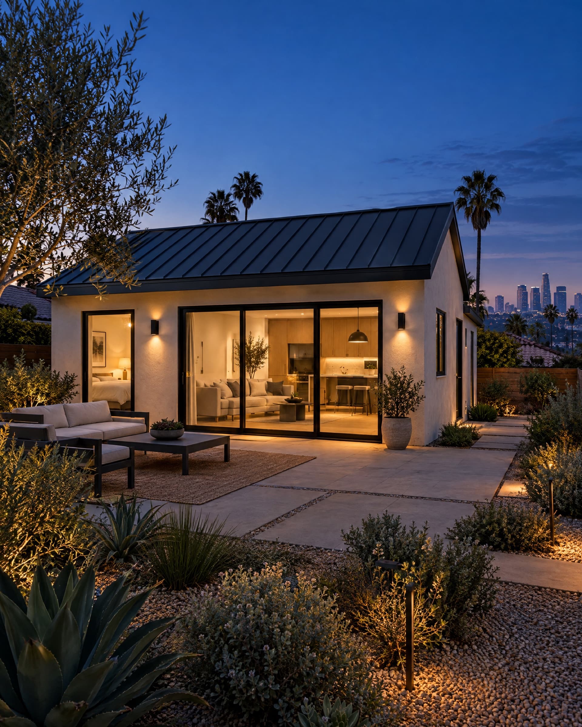 New backyard ADU with glass doors at dusk