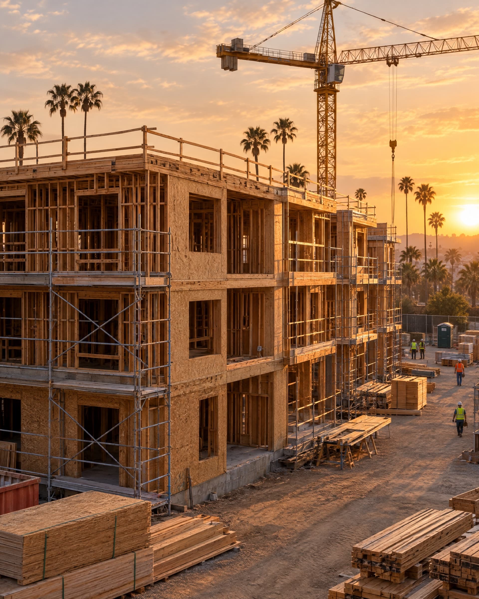 Multi-story wood-framed building under construction at golden hour