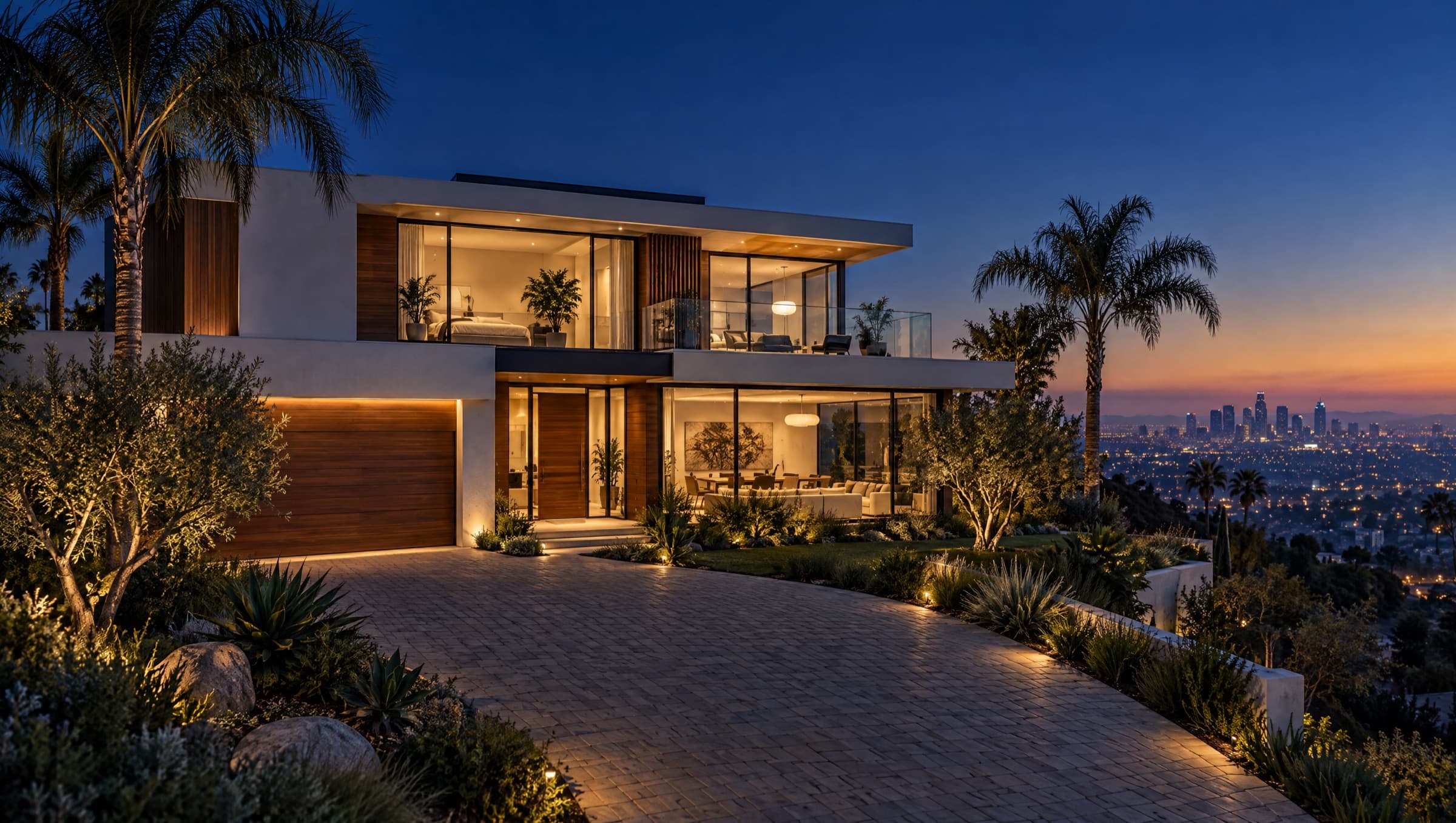 Newly built contemporary home in the Los Angeles hills at blue hour