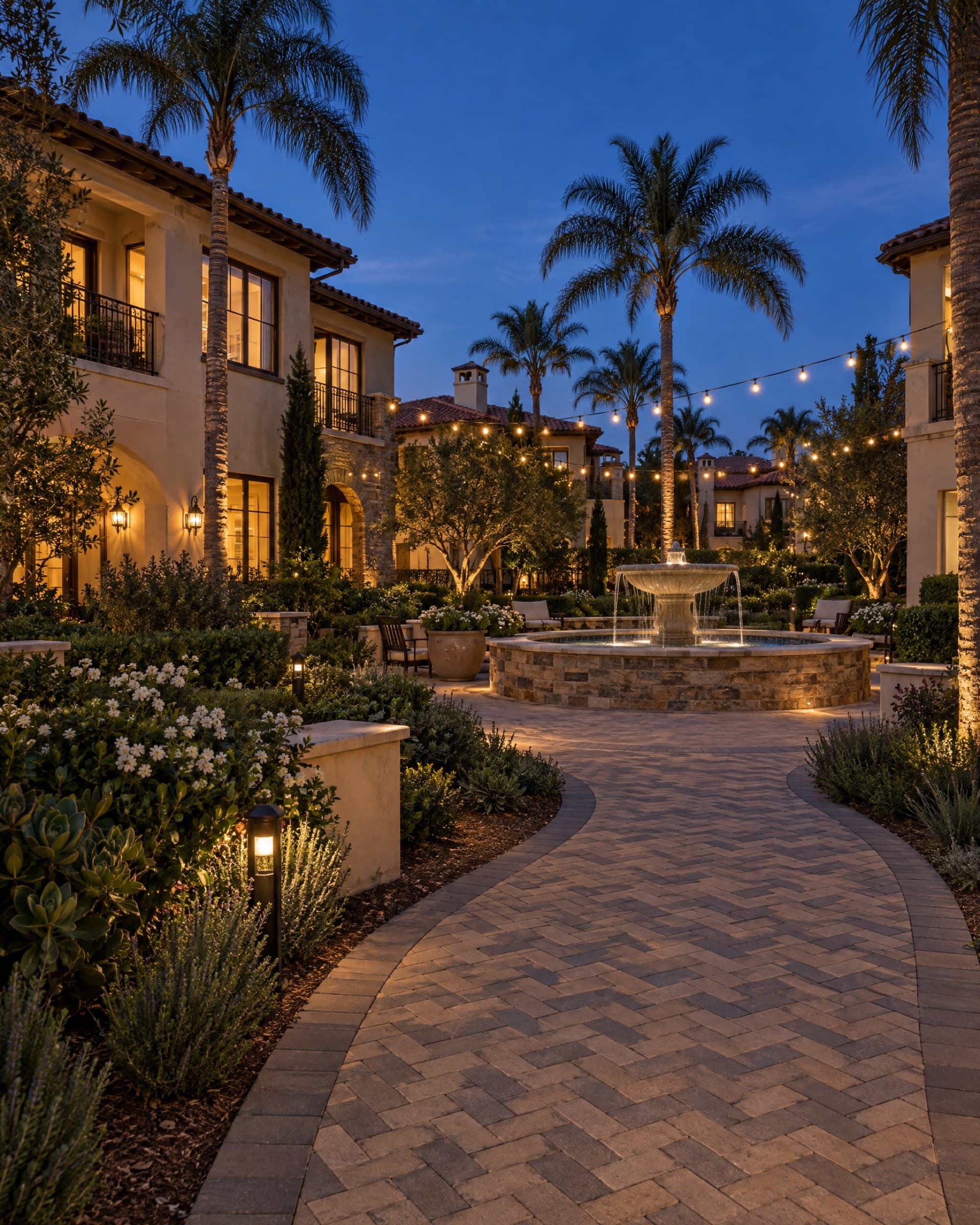Herringbone paver walkway leading to a fountain in a community courtyard at dusk