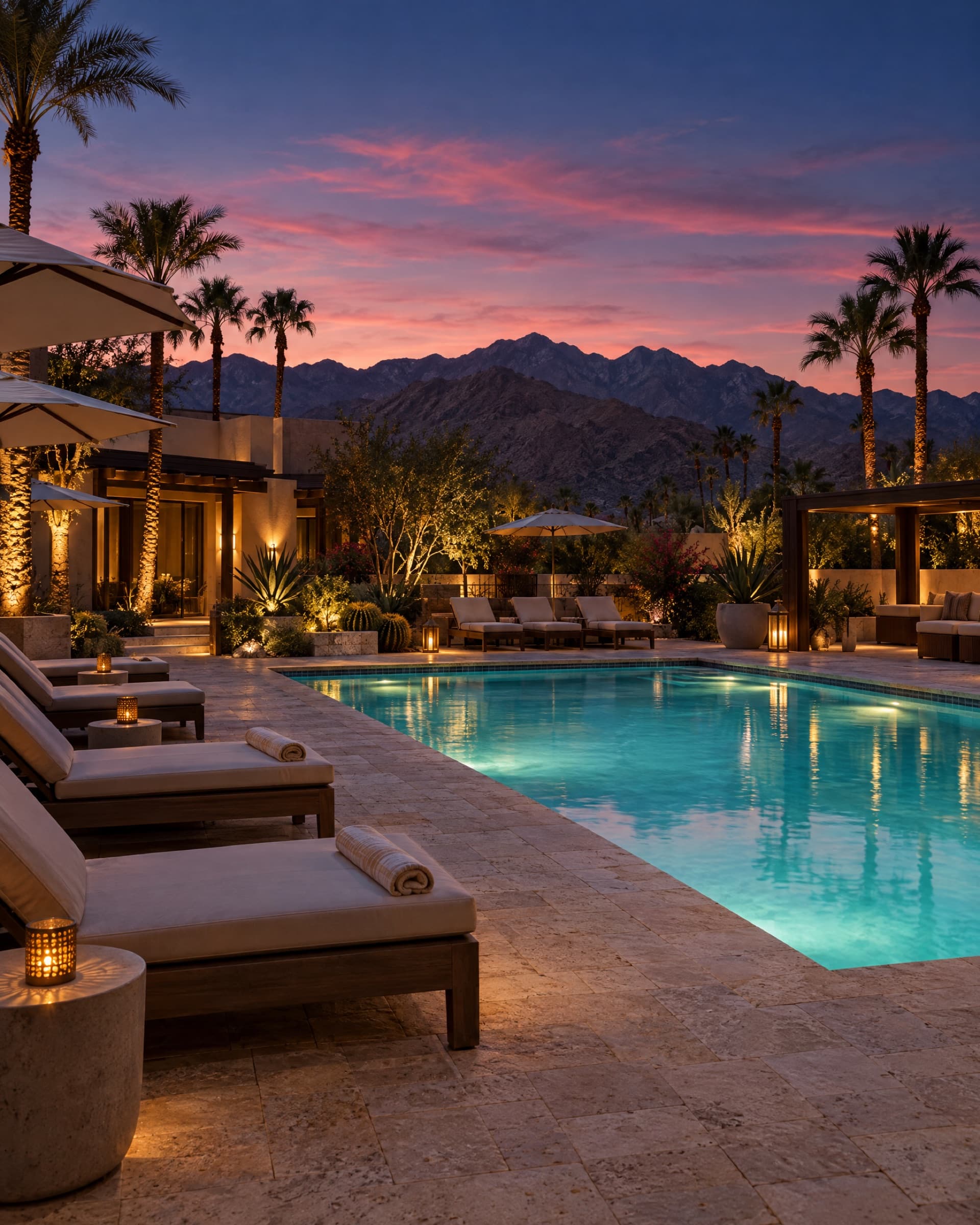Hotel pool deck at twilight
