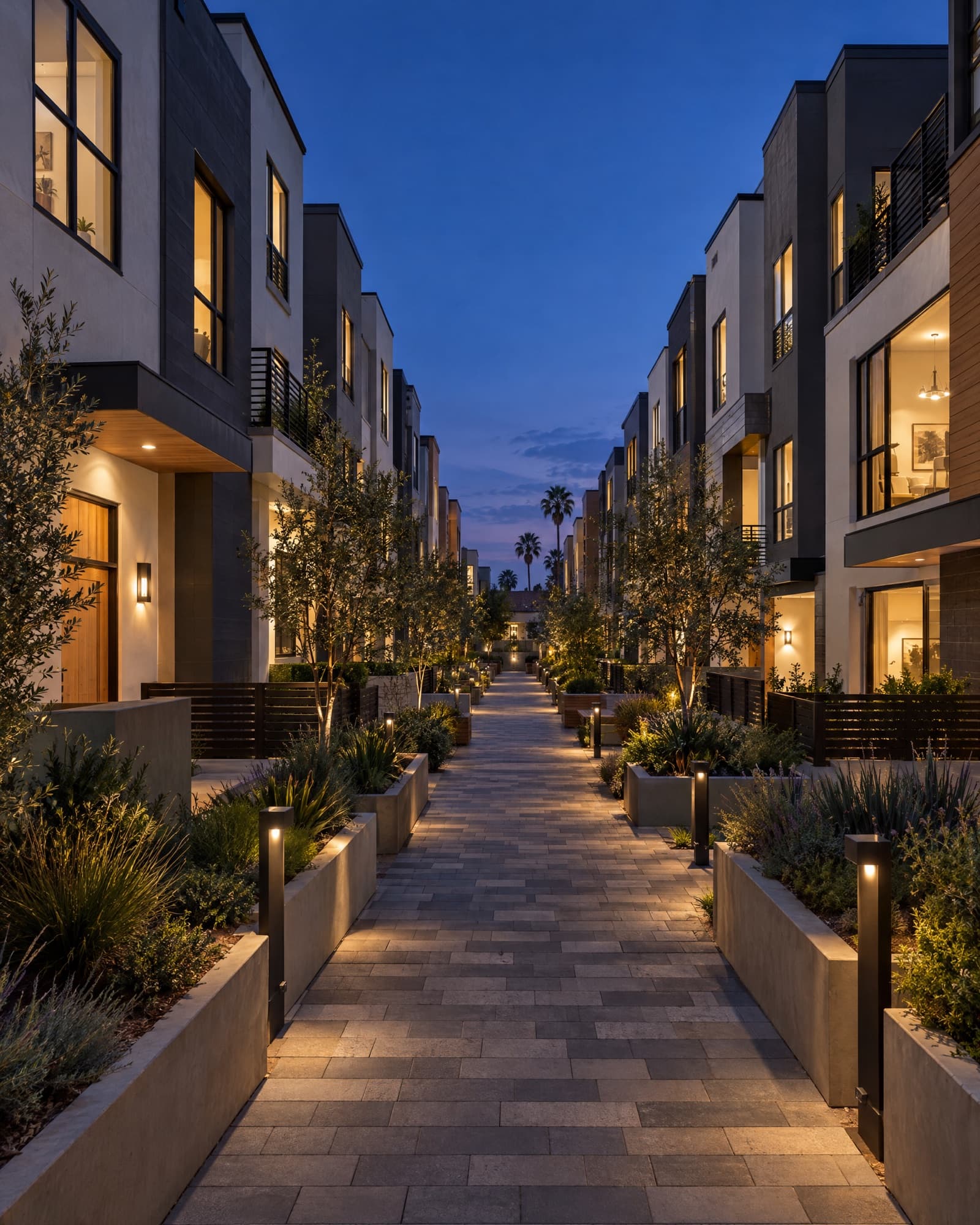 New townhome community paseo at dusk