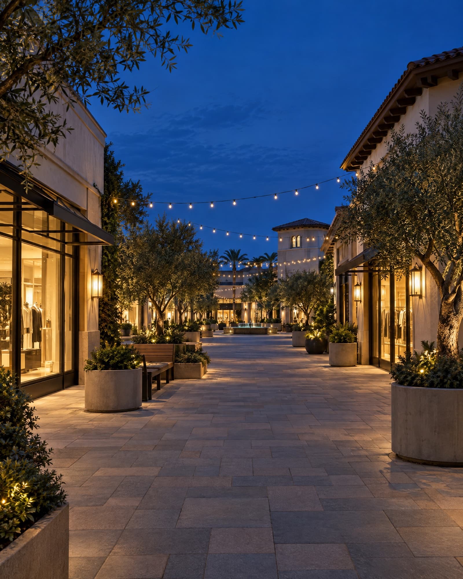 Open-air shopping center promenade at blue hour
