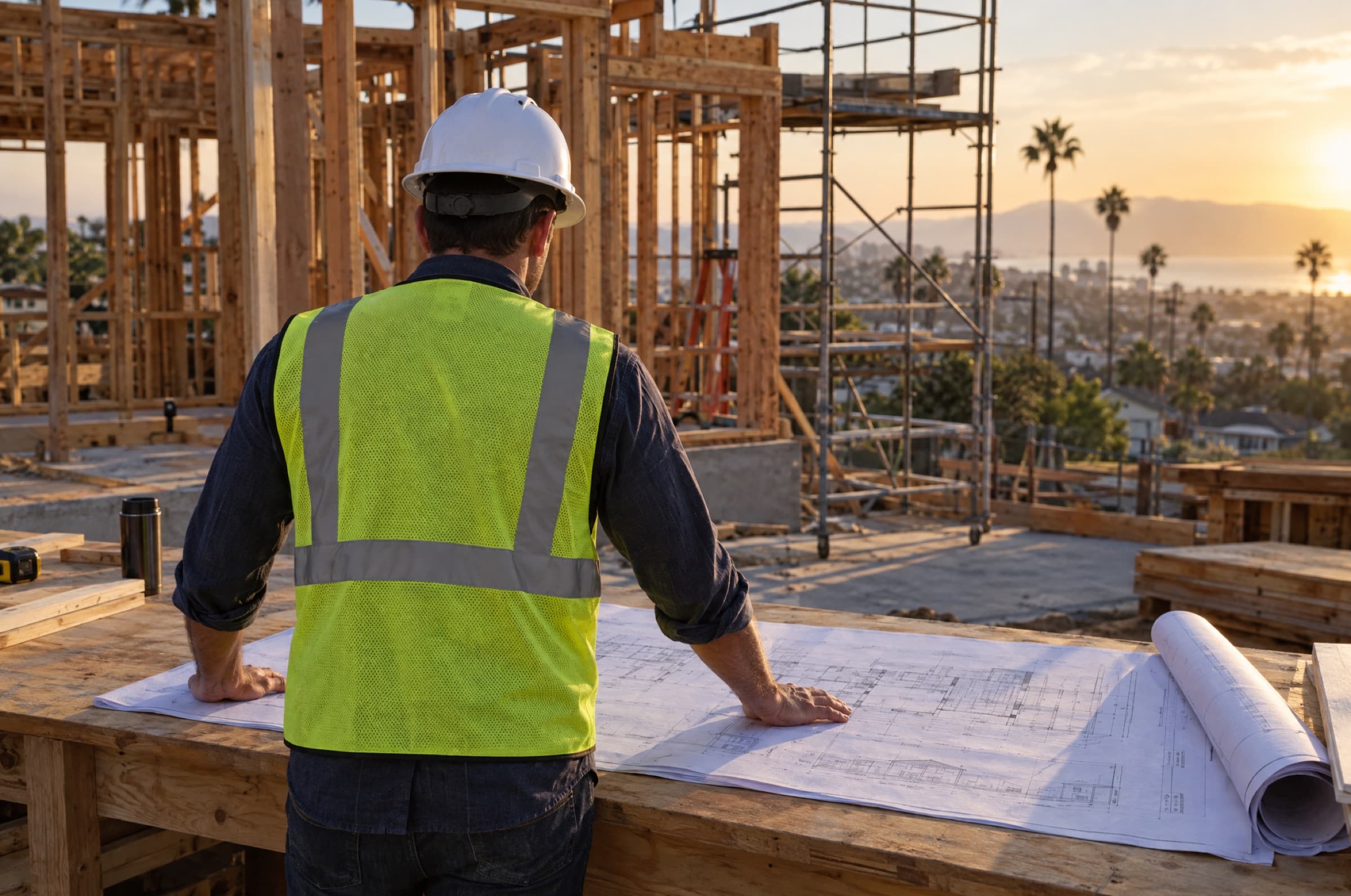 Project manager reviewing blueprints on an active building site